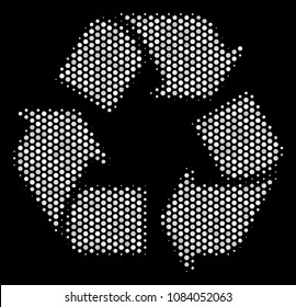 Dotted white recycle arrows icon on a black background. Vector halftone illustration of recycle arrows pictogram designed with circle items.