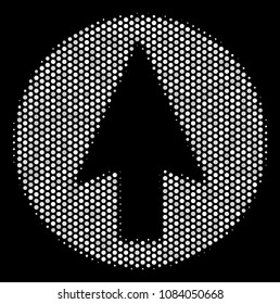 Dotted white rounded arrow icon on a black background. Vector halftone pattern of rounded arrow icon created from circle dots.