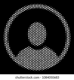 Dotted white rounded user portrait icon on a black background. Vector halftone pattern of rounded user portrait symbol constructed with circle points.