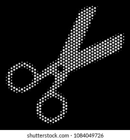 Dotted white scissors icon on a black background. Vector halftone pattern of scissors pictogram made with circle dots.