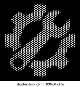 Dotted white service tools icon on a black background. Vector halftone mosaic of service tools symbol combined of circle dots.