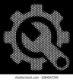 Dotted white service tools icon on a black background. Vector halftone mosaic of service tools symbol formed from spheric points.