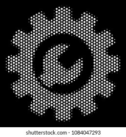 Dotted white service tools icon on a black background. Vector halftone collage of service tools pictogram constructed with spheric items.