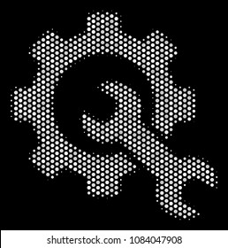 Dotted white service tools icon on a black background. Vector halftone mosaic of service tools pictogram constructed with spheric dots.
