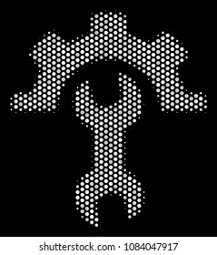 Dotted white service tools icon on a black background. Vector halftone composition of service tools pictogram designed with round pixels.