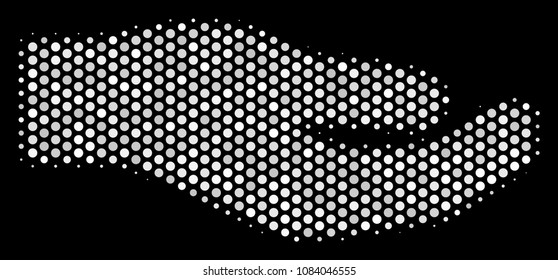 Dotted white share hand icon on a black background. Vector halftone pattern of share hand pictogram created of round dots.
