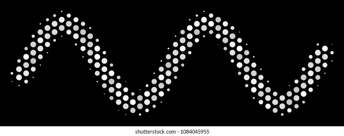 Dotted white sinusoid wave icon on a black background. Vector halftone collage of sinusoid wave icon composed with round dots.