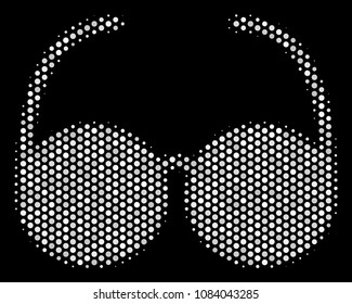 Dotted white spectacles icon on a black background. Vector halftone pattern of spectacles icon formed from spheric pixels.