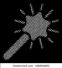 Dotted white wand magic tool icon on a black background. Vector halftone collage of wand magic tool symbol constructed from circle points.