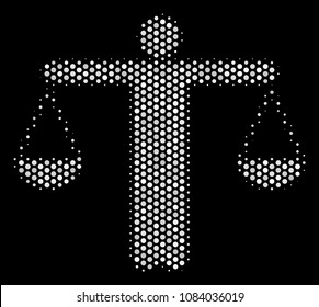 Dotted white weight comparing person icon on a black background. Vector halftone concept of weight comparing person symbol composed from circle items.