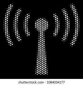 Dotted white Wi-Fi station icon on a black background. Vector halftone concept of Wi-Fi station icon created with spheric pixels.