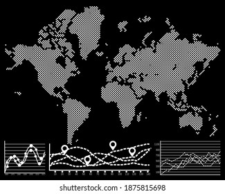 Dotted white World map on dark background. Gray pixel map of the Earth. Roads and ways for guidebooks with marks. Town marks and national borders in separate layers. Unfolded planet isolated on black