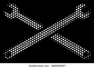 Dotted white wrenches icon on a black background. Vector halftone composition of wrenches icon made from round elements.