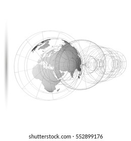 Dotted world globe with abstract construction, connecting lines on white background. Vector design, structure, shape, form, orbit, space station. Scientific research. Science, technology concept.