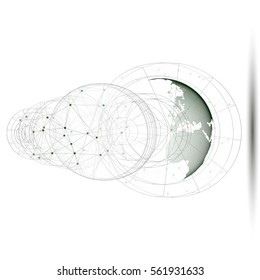 Dotted world globe with abstract construction, connecting lines and dots, molecules on white background. Molecule structure. Medicine, science, technology concept. Polygonal design vector illustration