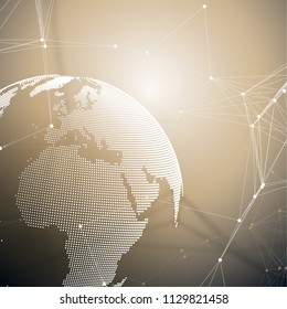 Dotted world globe with chemistry pattern, connecting lines and dots. Molecule structure. Scientific medical DNA research. Science or technology concept. Geometric design abstract background