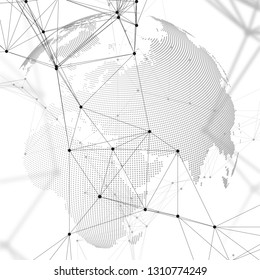 Dotted world globe with chemistry pattern, connecting lines and dots. Molecule structure on white. Scientific medical DNA research. Science or technology concept. Geometric design abstract background.