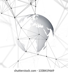Dotted world globe with chemistry pattern, connecting lines and dots. Molecule structure on white. Scientific medical DNA research. Science or medical concept. Geometric design abstract background.