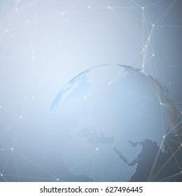 Dotted world globe with chemistry pattern, connecting lines and dots. Molecule structure on blue. Scientific medical DNA research. Science or technology concept. Geometric design abstract background