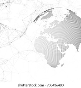 Dotted world globe with chemistry pattern, connecting lines and dots. Molecule structure on white. Scientific medical DNA research. Science or medical concept. Geometric design abstract background