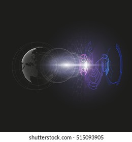 Dotted world globe, connecting lines, abstract construction, space station, orbit isolated on black. Futuristic high tech HUD background. Scientific vector design. Science, technology concept.