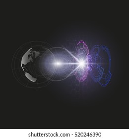 Dotted world globe, connecting lines, abstract construction, space station, orbit isolated on black. Futuristic high tech HUD background. Scientific vector design. Science, technology concept