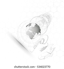 Dotted world globe, connecting lines, abstract construction, space station, orbit isolated on white. Futuristic high tech HUD background. Scientific vector design. Science, technology concept