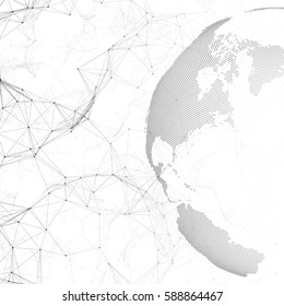 Dotted world globe, connecting lines and dots, chemistry molecular pattern, molecules on white background. Molecule structure. Medicine, science, technology concept. Polygonal design vector.