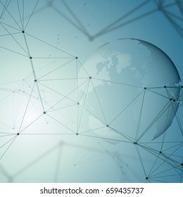 Dotted world globe, connecting lines and dots, chemistry molecular pattern, molecules on gray background. Molecule structure. Medicine, science, technology concept. Polygonal design vector.