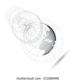 Dotted world globe, isolated abstract construction, connecting lines on white background. Vector design, structure, shape, form, orbit, space station. Scientific research. Science, technology concept.