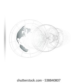Dotted world globe, isolated abstract construction, connecting lines on white background. Vector design, structure, shape, form, orbit, space station. Scientific research. Science, technology concept