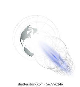Dotted world globe, isolated abstract construction, connecting lines on white background. Vector design, structure, shape, form, orbit, space station. Scientific research. Science, technology concept
