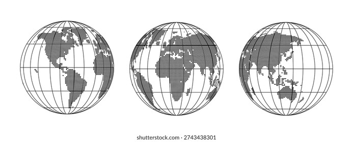 Dotted World Globe Map Set with Latitude Longitude Grid – Black and White Earth Hemisphere Vector Illustration