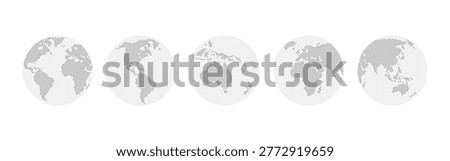 Dotted World globe maps set. Europe, Asia, America, Oceania globe maps. Dotted Earth globe icons isolated on white background. Vector illustration.