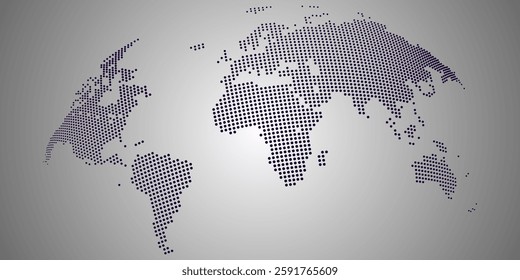 A dotted world map. 3d dotted world map dsplaying continents and countries in an abstract design. This dotted map highlights international communication and global travel with a sleek modern look.