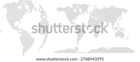 Dotted World Map and 3D Globe Made of Dots – Global International Planet Concept Vector Illustration