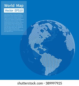 Dotted World Map Background. Earth Globe. Globalization Concept. White And Blue. Vector.