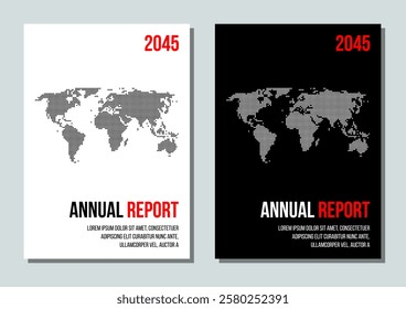 dotted world map black and white covers, business strategy or corporate annual report template