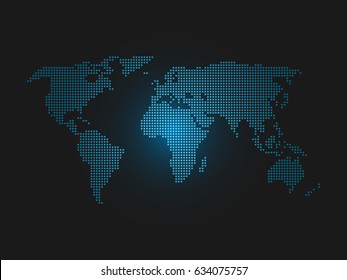 Dotted world map. Blue led light futuristic design on dark background. Vector illustration.