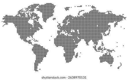 Dotted world map with central focus. The dotted world map layout follows geographic outlines to form an elegant and minimalist dotted world map composition.