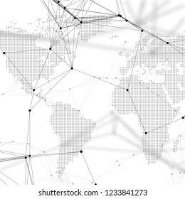 Dotted world map with chemistry pattern, connecting lines and dots. Molecule structure on white. Scientific medical DNA research. Science or technology concept. Geometric design abstract background