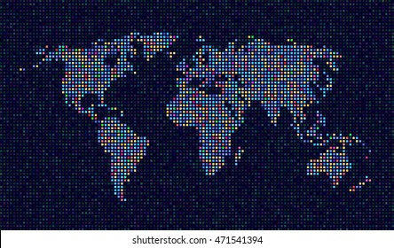 dotted world map with colorful dots on dark background
