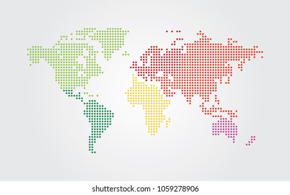 Dotted world map. Continents of the World map with colorful dots.