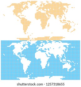 Dotted world map created by round dots in flat style. Two different versions of the world map on the same background. Design graphic element is saved as a vector illustration in the EPS file format