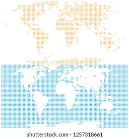 Dotted world map created by round dots in flat style. Two different versions of the world map on the same background. Design graphic element is saved as a vector illustration in the EPS file format