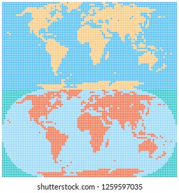 Dotted world map created by round dots in flat style. Two different versions of the world map on the same background. Design graphic element is saved as a vector illustration in the EPS file format