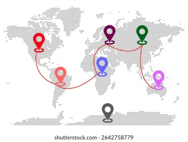Projeto de mapa do mundo pontilhado explorando geografia global com localização de continente 