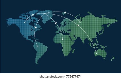 Dotted world map. The direction of the plane. Vector illustration.