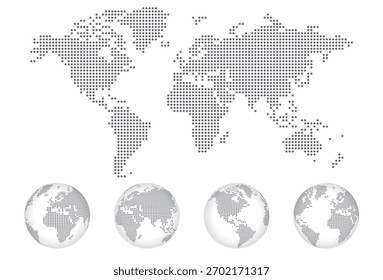 Mapa mundial punteado y globos terráqueos. Plantilla de Ilustración vectorial de semitono para Diseño web, presentación de negocios, informes anuales, infografías, redes sociales, marketing, viajes y turismo