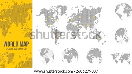 Dotted world map and earth globes. Simple world map with dotted. Vector illustration template for web design, annual reports, infographics, business presentation, marketing, travel and tourism.
